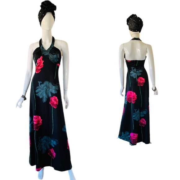 Vintage 70’s Rose Print Disco Queen Halter Maxi Dress - Picture 2 of 6